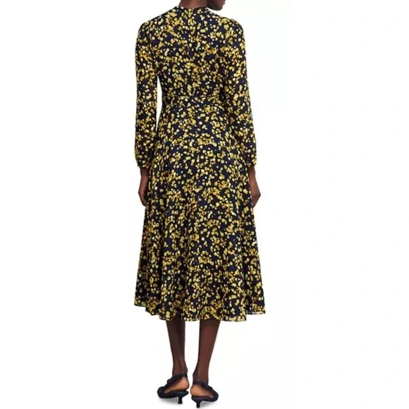 Hobbs London Aurora Dress Navy Yellow Petal Print Midi Recycled Polyester 6 NEW - Picture 2 of 10
